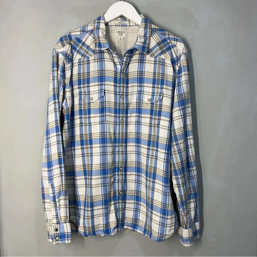 Lucky Brand Pearl Snap Shirt Mens XL Blue Plaid Long Sleeve Western Classic Fit